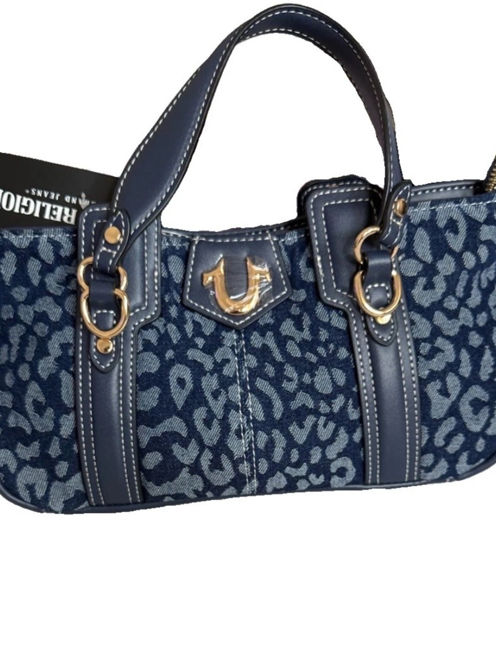 True Religion Navy Leopard Jacquard Shoulder Bag with Gold Hardware